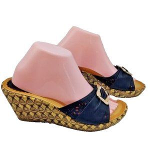 Italy Woven Straw Wedge Heel Black w/ Silver Rhinestone Buckle Size 9.5